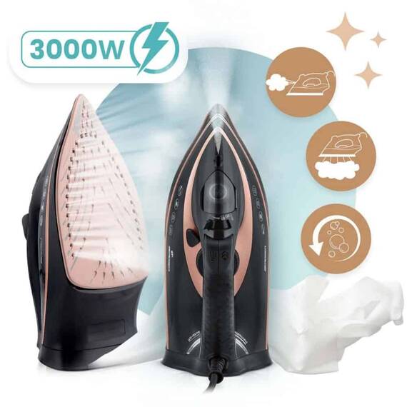 Fier de calcat cu abur, talpa ceramica, oprire automata, autocuratare, protectie la supraincalzire, rezervor de apa de 360 ml, abur vertical, reglare a temperaturii, 3000 W, negru - 8- Roveli