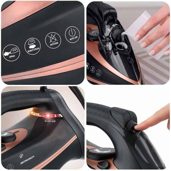 Fier de calcat cu abur, talpa ceramica, oprire automata, autocuratare, protectie la supraincalzire, rezervor de apa de 360 ml, abur vertical, reglare a temperaturii, 3000 W, negru - 10- Roveli