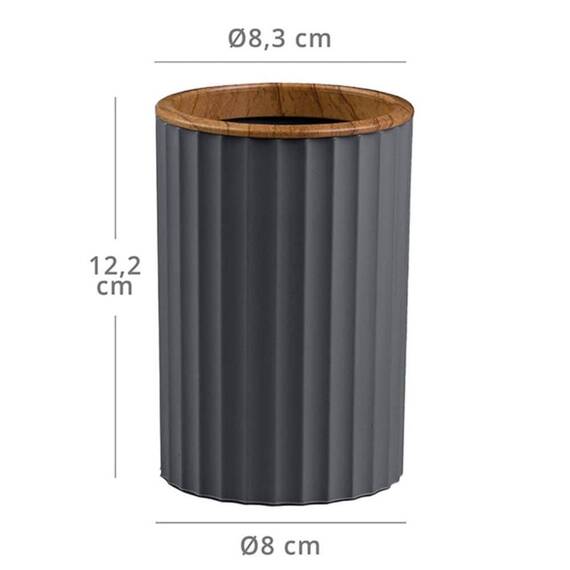 Set accesorii baie, realizat din plastic, cos gunoi, perie WC, dozator sapun lichid, pahar baie pentru igiena personala si sapuniera, culoarea antracit si lemn - 2- Roveli