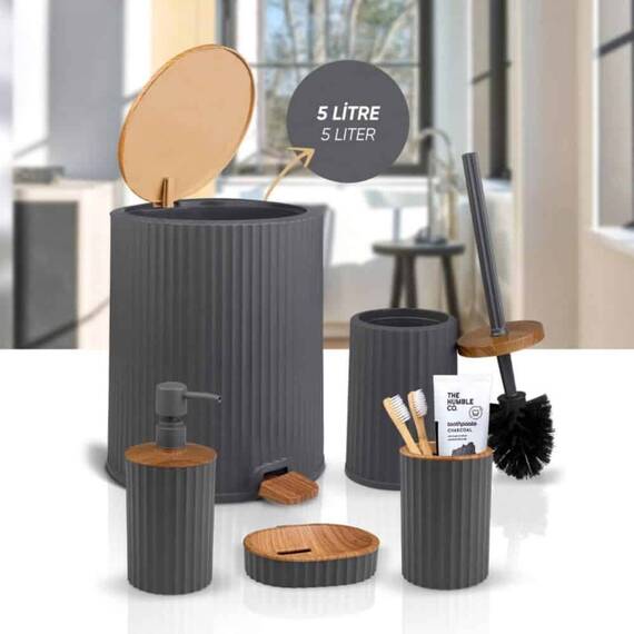 Set accesorii baie, realizat din plastic, cos gunoi, perie WC, dozator sapun lichid, pahar baie pentru igiena personala si sapuniera, culoarea antracit si lemn - 5- Roveli