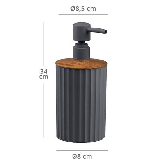 Set accesorii baie, realizat din plastic, cos gunoi, perie WC, dozator sapun lichid, pahar baie pentru igiena personala si sapuniera, culoarea antracit si lemn - 10- Roveli