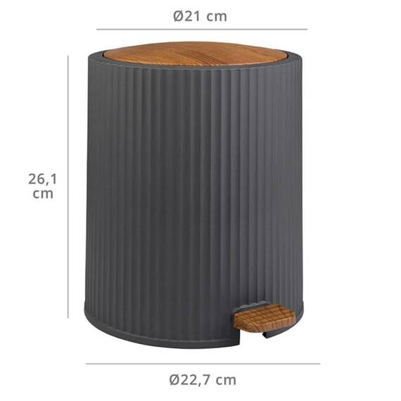 Set accesorii baie, realizat din plastic, cos gunoi, perie WC, dozator sapun lichid, pahar baie pentru igiena personala si sapuniera, culoarea antracit si lemn - 11- Roveli