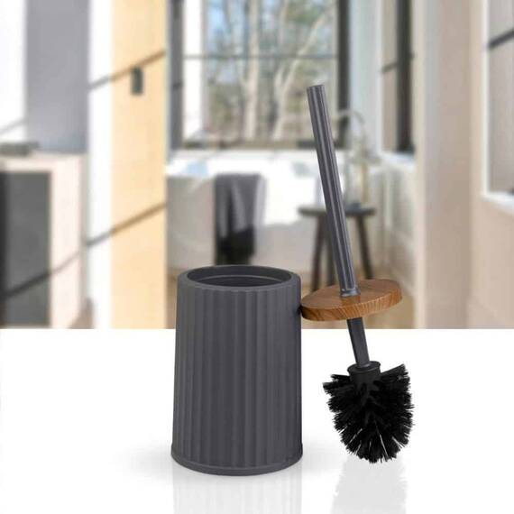 Set accesorii baie, realizat din plastic, cos gunoi, perie WC, dozator sapun lichid, pahar baie pentru igiena personala si sapuniera, culoarea antracit si lemn - 12- Roveli