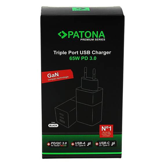 Incarcator Patona Premium GaN PD65W Adapter 2xUSB-C 1xUSB-A PD3.0 QC3.0 - 2640 - 2- Roveli