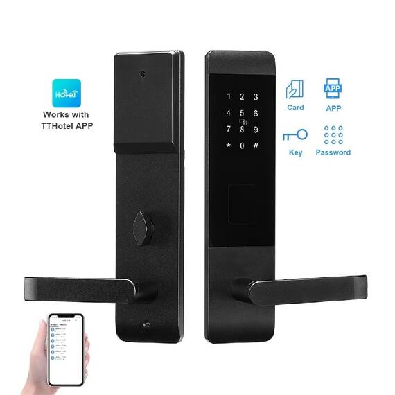 Incuietoare inteligenta pentru hotel DacEnergy©, material aluminiu, deblocare cu aplicatie Bluetooth TTlock / TTHotel, cheie, card RFID, pentru usa din lemn/otel, negru - 3- Roveli