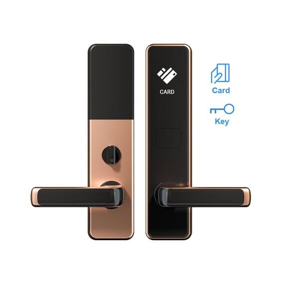 Incuietoare inteligenta DacEnergy©, pentru hotel, apartament, camin, pensiune, material aluminiu, deblocare card RFID / cheie, pentru usa din lemn, negru/auriu - - Roveli