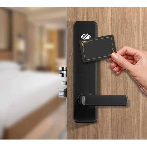 Incuietoare inteligenta DacEnergy©, pentru hotel, apartament, camin, pensiune, material aluminiu, deblocare card RFID / cheie, pentru usa din lemn, negru/argintiu - 3- Roveli
