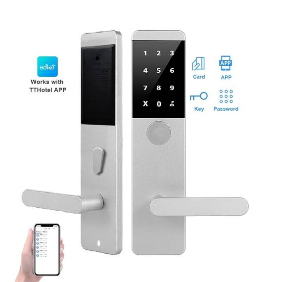 Incuietoare inteligenta DacEnergy©, pentru hotel,apartament, motel, material aluminiu, deblocare Aplicatie TTLock / TTHotel / Card RFID / Cheie, pentru usa din lemn, argintiu - - Roveli
