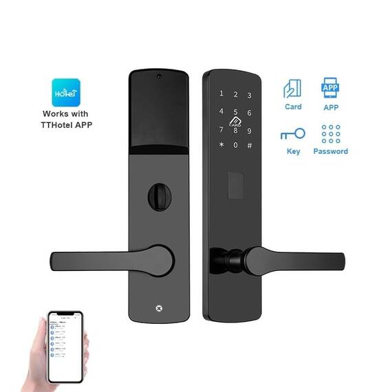 Incuietoare inteligenta DacEnergy©, pentru hotel, apartament, material otel inoxidabil, deblocare Aplicatie TTLock / TTHotel / Card RFID / Cheie, pentru usa din lemn, negru - - Roveli