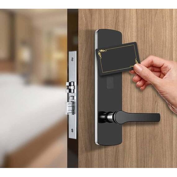 Incuietoare inteligenta DacEnergy©, pentru hotel, material otel inoxidabil, deblocare Card RFID / Cheie, pentru usa din lemn, negru - 5- Roveli