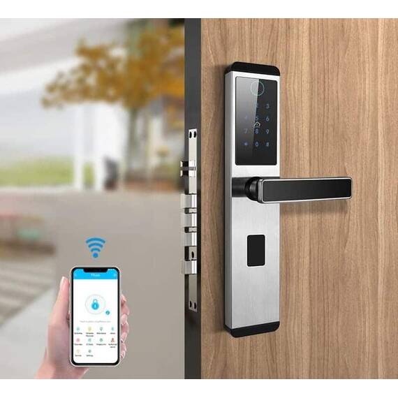 Incuietoare inteligenta DacEnergy©, pentru Acasa / Apartament / Birou / Usa de intrare in scoala, material otel inoxidabil, deblocare Amprenta digitala / Aplicatie / Cod / Card RFID / NFC / Cheie, argintiu/negru - 5- Roveli