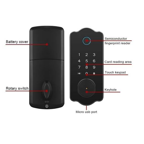 Incuietoare inteligenta DacEnergy©, pentru Hotel / Apartament / Airbnb, material aliaj de zinc, deblocare Amprenta / aplicatie / cod / card RFID / cheie, pentru usa din lemn, culoare negru - 3- Roveli