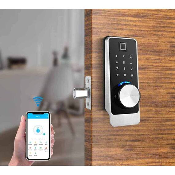 Incuietoare inteligenta DacEnergy©, pentru Acasa / Birou / Apartament / Airbnb, material aliaj de zinc, deblocare Amprenta / Aplicatie / cod / card RFID / cheie, pentru usa din lemn, culoare argintiu - 5- Roveli