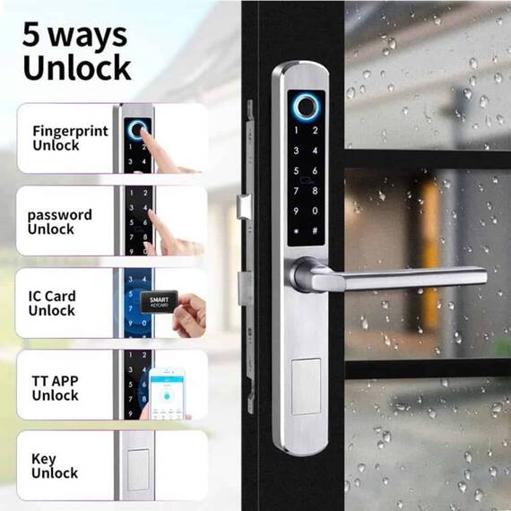 Incuietoare inteligenta DacEnergy©, deblocare APP Bluetooth/card /amprenta/cod/cheie mecanica, pentru usa din lemn/aluminiu/culisanta , culoare negru - 12- Roveli