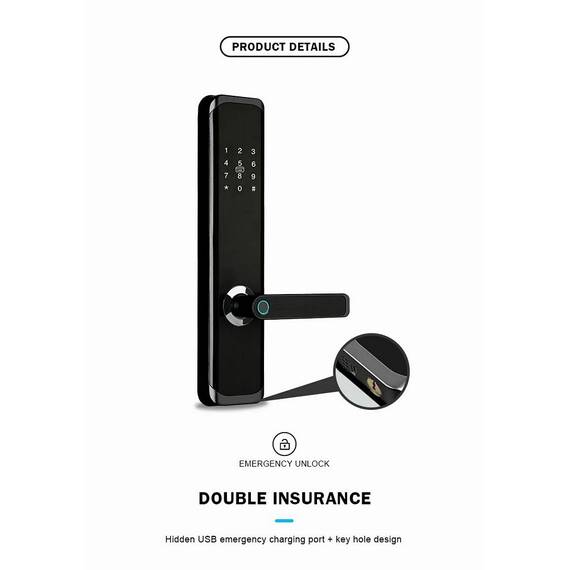 Incuietoare inteligenta DacEnergy©, pentru AcasA / Hotel / Apartament, material aliaj de aluminiu, deblocar Aplicatie TTlock / amprent digitala / parola / card RFID / cheie, pentru usa din lemn / metal, negru - 14- Roveli
