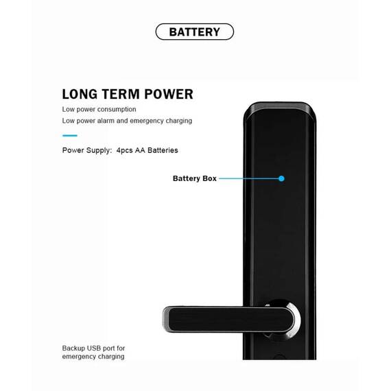 Incuietoare inteligenta DacEnergy©, pentru AcasA / Hotel / Apartament, material aliaj de aluminiu, deblocar Aplicatie TTlock / amprent digitala / parola / card RFID / cheie, pentru usa din lemn / metal, negru - 16- Roveli