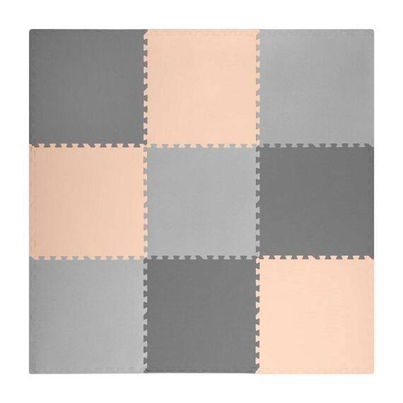 ​Covoras puzzle din spuma, 180x180 cm, 9 buc, antiaderent, moale, gri si piersica - - Roveli