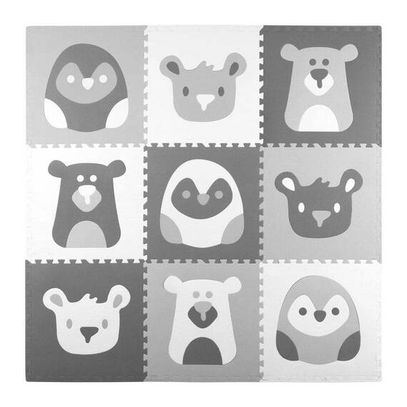 Covoras puzzle din spuma, 180x180 cm, 9 buc, antiaderent, imprimat cu animale, nuante de gri - - Roveli