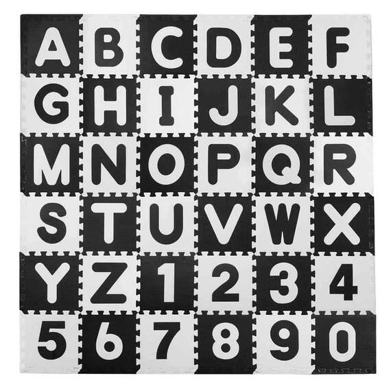 ​Covoras puzzle din spuma, imprimat cu litere si cifre, nuante de gri si negru, 30x30 cm, 36 buc - - Roveli