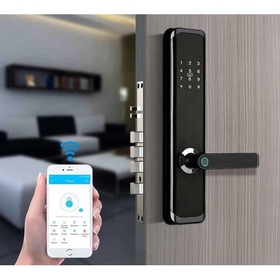 Incuietoare inteligenta DacEnergy©, pentru AcasA / Hotel / Apartament, material aliaj de aluminiu, deblocar Aplicatie TTlock / amprent digitala / parola / card RFID / cheie, pentru usa din lemn / metal, negru - 4- Roveli