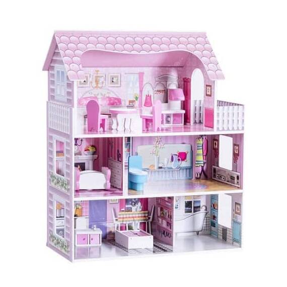 ​Casuta de papusi DacEnergy©, realizata din MDF, 3 etaje, 5 camere, 1 balcon, 8 piese de mobilier, 62 x27 x 70 cm, roz - - Roveli