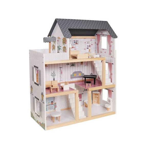 Casuta de papusi DacEnergy©, realizata din MDF, 3 etaje, 4 camere, balcon, 2 scari, 15 piese de mobilier, 62 x27 x77 cm, gri - - Roveli