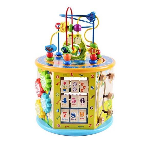 Cub de activitate DacEnergy©, din lemn, 8 in1, ceas, invata numere, sortator forme, copac cu elemente glisante, 25 x 25 x 36 cm, multicolor - - Roveli