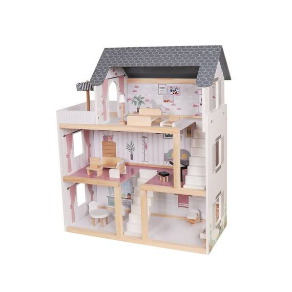 Casuta de papusi DacEnergy©, realizata din MDF, 3 etaje, 4 camere, balcon, 2 scari, 15 piese de mobilier, 62 x27 x77 cm, gri - 2- Roveli