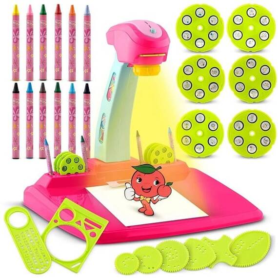 Jucarie educationala, proiector de desen, tip tabla, 8 sabloane, 36 de imagini, set de markere, 37,5 x 37,5 x 36 cm, roz - 2- Roveli