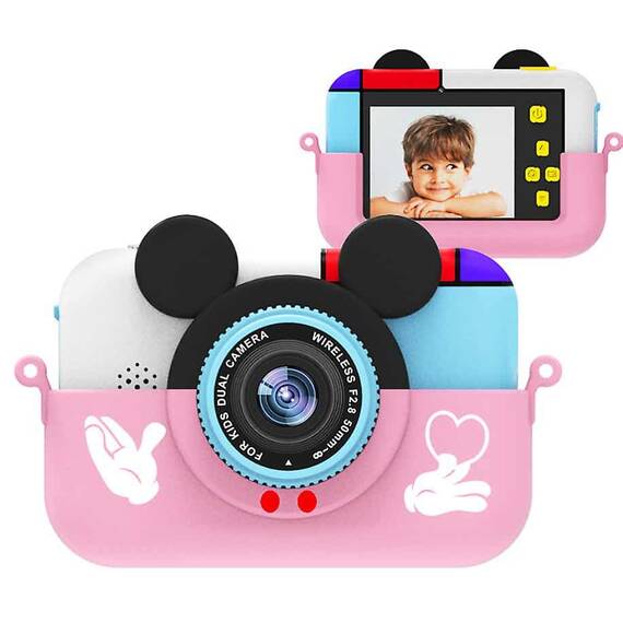 Camera foto/video pentru copii DacEnergy©, design Mickey Mouse, camera duala, jocuri, filtru creativ, ecran IPS de 2,4 inch, culoare roz - - Roveli