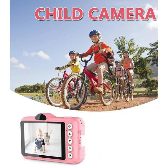 Camera foto/video pentru copii DacEnergy©, camera duala, ecran color de 3,5 inch, rezolutie foto 13 MP, jocuri, recunoastere faciala, culoare roz - 4- Roveli