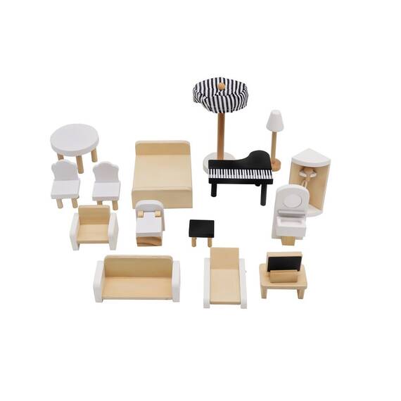 Casuta de papusi DacEnergy©, realizata din MDF, 3 etaje, 4 camere, balcon, 2 scari, 15 piese de mobilier, 62 x27 x77 cm, gri - 3- Roveli