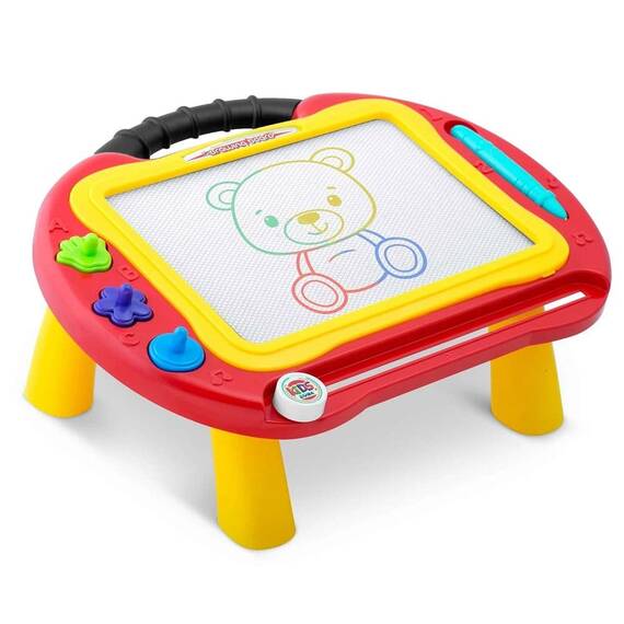 Tabla magnetica educativa 2in1 , cu picioare, pentru desen si scris, cu creion, 3 timbre magnetice, stergere instantanee, 38,5 x 28 x 19 cm, galbena si rosu - 3- Roveli