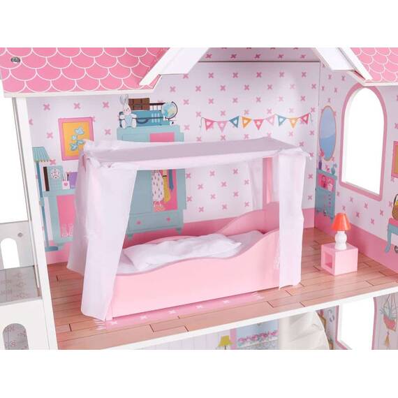 Casuta de papusi DacEnergy©, realizata din MDF si lemn, 3 etaje, terasa, gradina, 4 camere, mobilier rafinat, 115 x38 x125 cm, roz si albastru - 4- Roveli