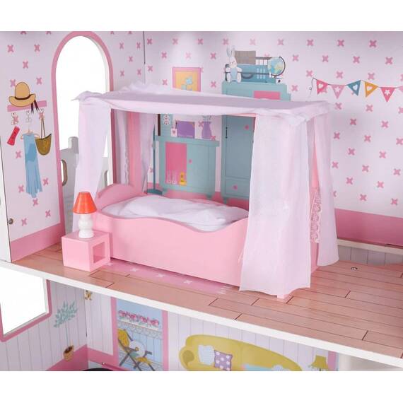 Casuta de papusi DacEnergy©, realizata din MDF si lemn, 3 etaje, terasa, gradina, 4 camere, mobilier rafinat, 115 x38 x125 cm, roz si albastru - 5- Roveli