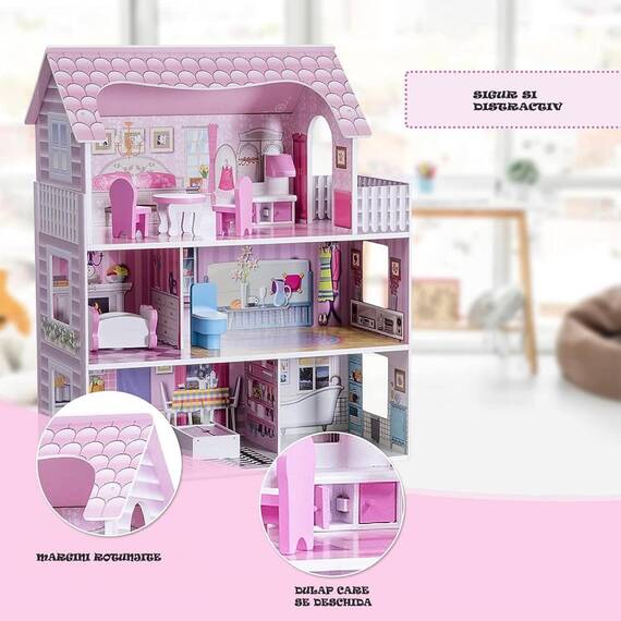 ​Casuta de papusi DacEnergy©, realizata din MDF, 3 etaje, 5 camere, 1 balcon, 8 piese de mobilier, 62 x27 x 70 cm, roz - 6- Roveli