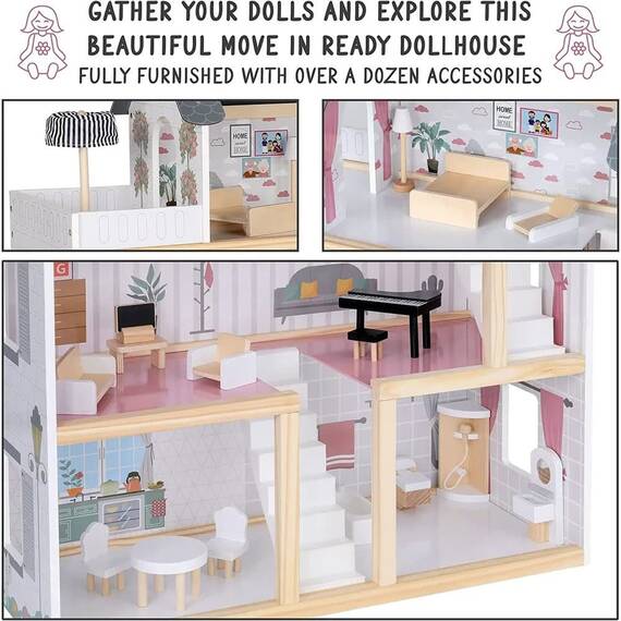 Casuta de papusi DacEnergy©, realizata din MDF, 3 etaje, 4 camere, balcon, 2 scari, 15 piese de mobilier, 62 x27 x77 cm, gri - 6- Roveli