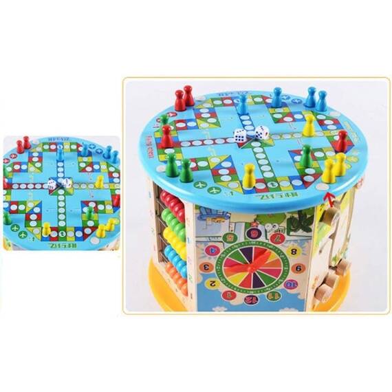 Cub de activitate DacEnergy©, din lemn, 8 in1, ceas, invata numere, sortator forme, copac cu elemente glisante, 25 x 25 x 36 cm, multicolor - 6- Roveli