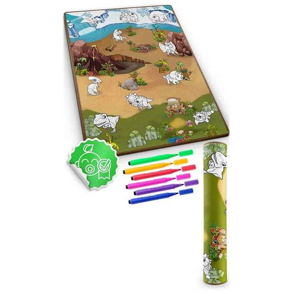 Spatiu de joaca 2 in 1, covoras din spuma si carte de colorat, asigura izolare termica fata de sol, textura anti-alunecare, model frumos cu dinozauri, 120 x 90 cm, verde si maro - 14- Roveli
