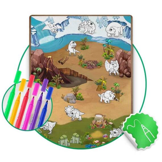 Spatiu de joaca 2 in 1, covoras din spuma si carte de colorat, asigura izolare termica fata de sol, textura anti-alunecare, model frumos cu dinozauri, 120 x 90 cm, verde si maro - 3- Roveli