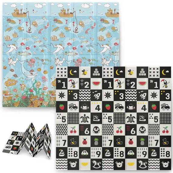 Covoras pliabil din spuma, doua fete, izolare termica, model frumos, unic, ocean si numere, 200 x 180 x 1 cm, albastru si negru - 3- Roveli