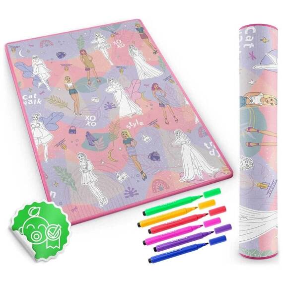 Spatiu de joaca 2 in 1, covoras din spuma si carte de colorat, asigura izolare termica fata de sol, textura anti-alunecare, model frumos cu printese, 120 x 90 cm, roz - 5- Roveli
