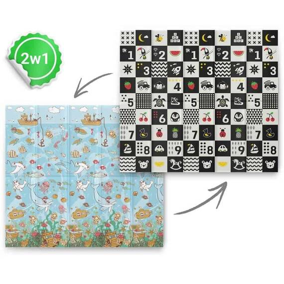 Covoras pliabil din spuma, doua fete, izolare termica, model frumos, unic, ocean si numere, 200 x 180 x 1 cm, albastru si negru - 5- Roveli