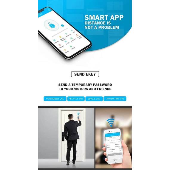 Incuietoare inteligenta DacEnergy©, pentru Hotel / Apartament / Airbnb, material aliaj de aluminiu, deblocare Amprenta digitala / aplicatie / cod / card RFID / cheie, pentru usa din lemn, negru/argintiu - 8- Roveli