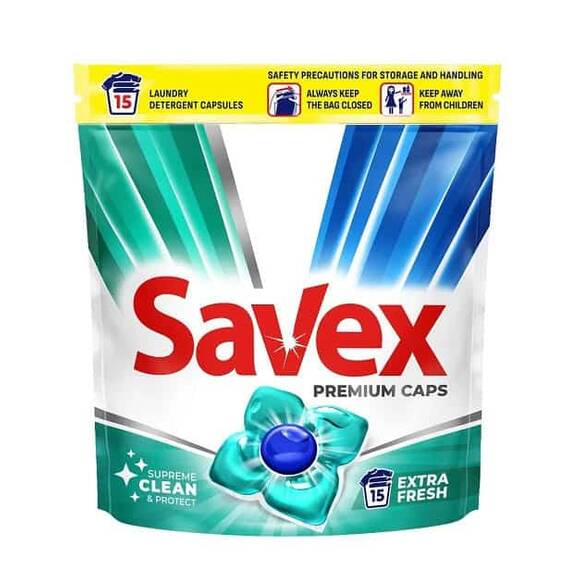 ​Detergent de rufe capsule Savex Super Caps, curatare puternica, Extra fresh, 15 bucati - - Roveli