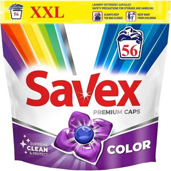 Detergent de rufe capsule Savex Premium Caps Color, curatare puternica, 56 capsule - - Roveli