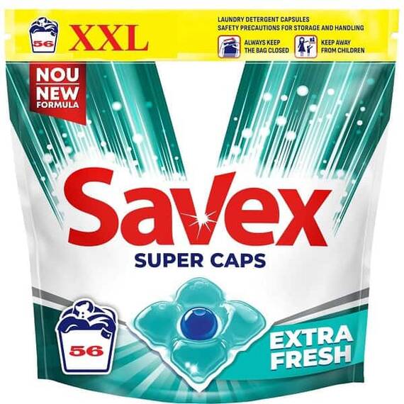 Detergent de rufe capsule Savex Premium Caps Extra Fresh, curatare puternica, 56 capsule - - Roveli