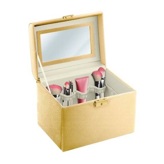 Geanta organizatoare cosmetice DacEnergy©, piele ecologica, rezistent la abraziune, cu cheie, oglinda, compartimente practice, 22,5x 16,5 x 17,2 cm, auriu ​ - - Roveli