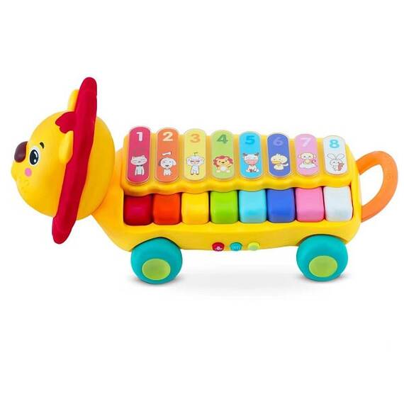 ​Jucarie muzicala educativa , cu xilofon, panou interactiv cu pian incorporat, cu sfoara de tras, designul in forma de leu, 8 melodii diferite - - Roveli