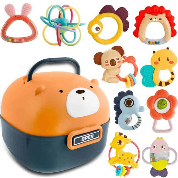 Set jucarii senzoriale si zornaitoare , pentru bebelusi fete si baieti, cutie frumoasa in forma de ursulet vesel, 10 buc, 0-12 luni, colorate, distractive - - Roveli